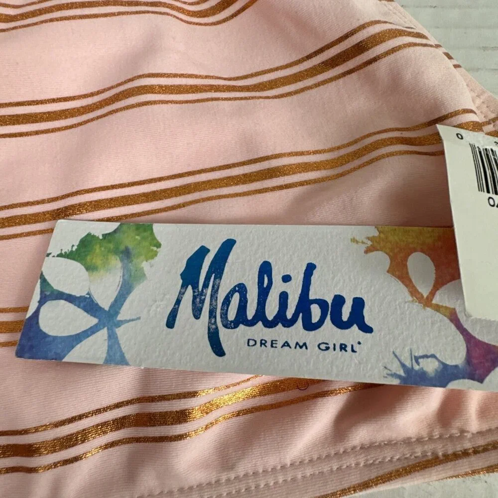 Malibu Dream Women's XL Bikini Swim Bottom‎ Pink Metallic Copper Striped New